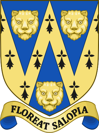 Shropshire Arms: Erminois three Piles Azure two issuant from the chief and one in base each charged with a Leopard's Face Or. Motto: 'FLOREAT SALOPIA' - May Shropshire flourish.